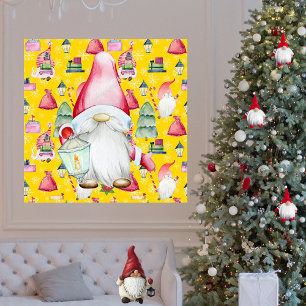 Affiche Noël Père Noël Gnome et Motif jaune Arrière - plan