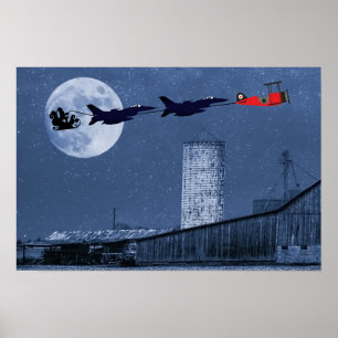 Affiche Noël père Noël, Sleigh, F-16 Jets et Red Biplane