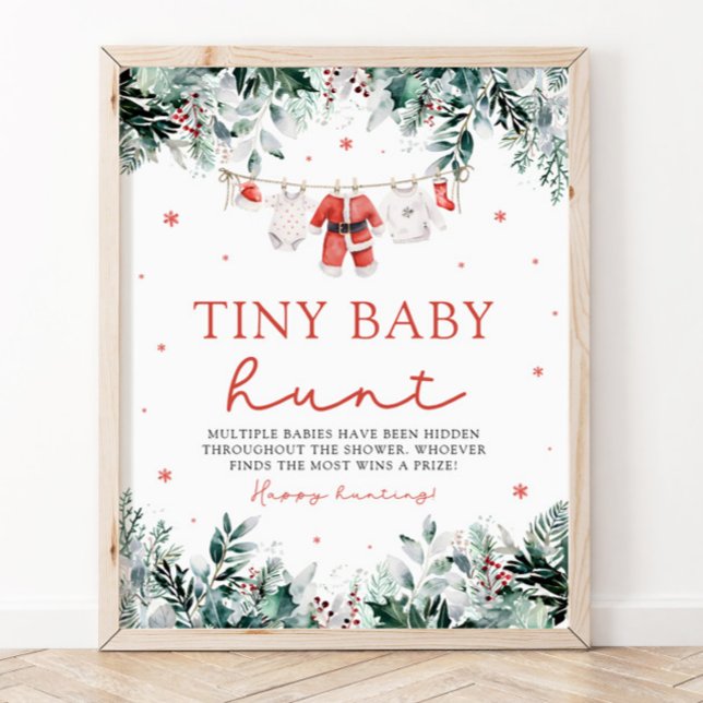 Affiche Noël Père Noël Vêtements Baby shower Minuscule Cha (Watercolor Red Christmas Santa Clothes Baby Shower Tiny Baby Hunt Sign)