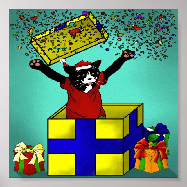 Affiche Noël Présent Chat surprise (Devant)