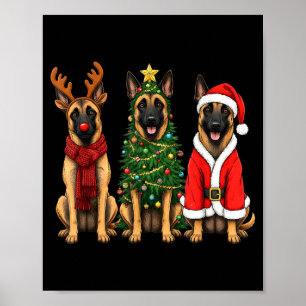 Affiche Noël Rétro Malinois Belge Santa Renne Fais