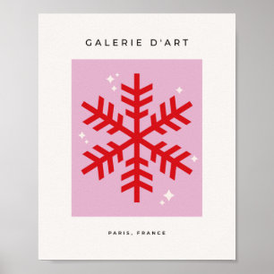 Affiche Noël Rétro Pink Et Rouge Flocon De Neige