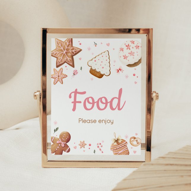Affiche Noël rose Petit biscuit Baby shower Nourriture (Christmas Little Cookie Gingerbread Baby Shower Food Sign)