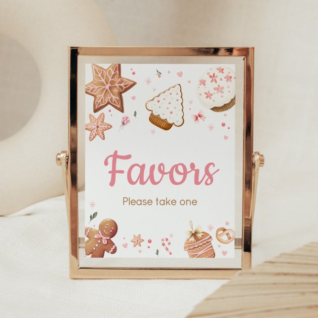 Affiche Noël rose Petits biscuits Baby shower Faveurs (Christmas Little Cookie Gingerbread Baby Shower Favors Sign)
