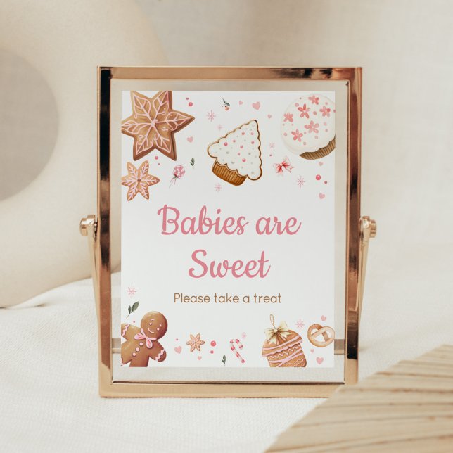 Affiche Noël rose Petits biscuits Les bébés sont doux (Christmas Little Cookie Gingerbread Baby Shower Babies are Sweet Sign)