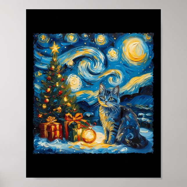Affiche Noël Russe Bleu Chat Art Van Gogh's The Star (Devant)