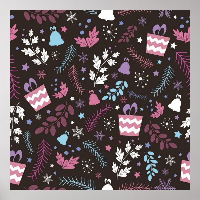 Affiche Noël sans couture motif avec arbre, neige, cadeau (Devant)