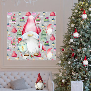 Affiche Noël Santa Gnome & Fond à motif argenté