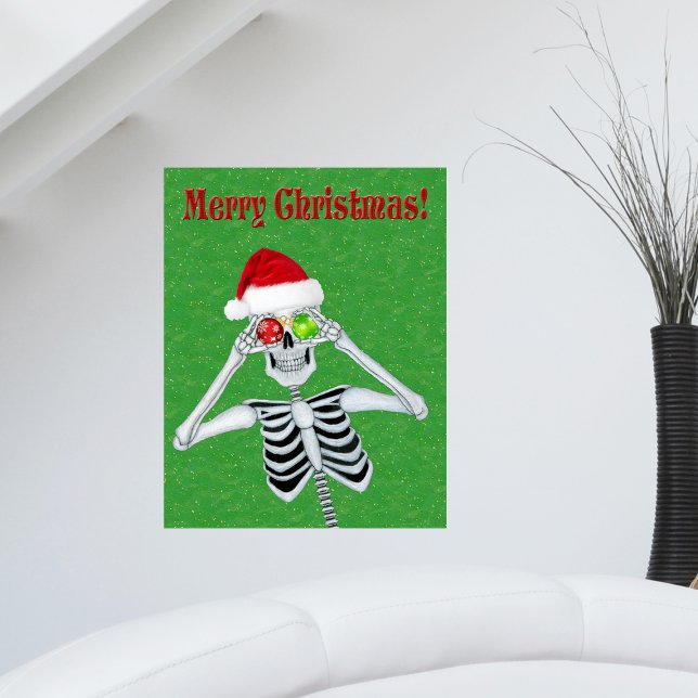 Affiche Noël Squelette Casquette Ornements Green Gold flec (Fun Merry Christmas Skeleton with ornament eyes Santa Hat on Green with gold flecks artwork poster.)