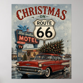 Affiche Noël sur la route 66 Vintage Car Blue Swallow