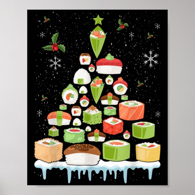 Affiche Noël Sushi Japonais Arbre de Noël Pyjama de Fête  (Devant)