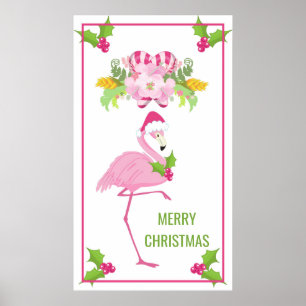 Affiche Noël tropical Flamant rose rose