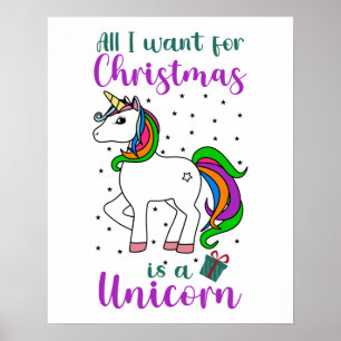Affiche Noël Unicorne Magique Arc-en-ciel vert pourpre Pos