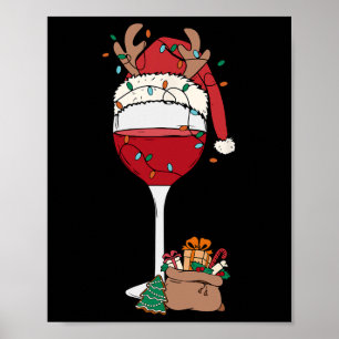 Affiche Noël Verre rouge Vin Santa Hat Reindeer Fun Xm