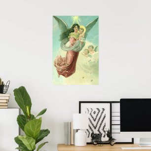 Affiche Noël vintage, Ange victorien avec Bébé Jésus