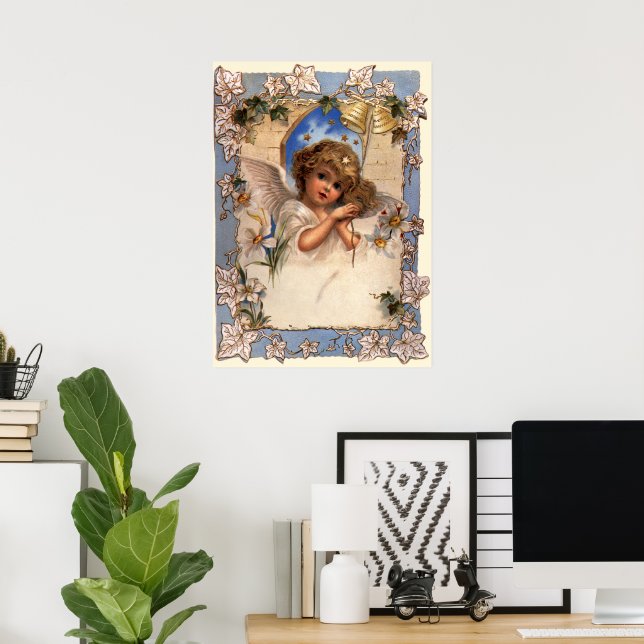 Affiche Noël vintage, Ange victorien avec cloches d'or (Bureau à domicile)