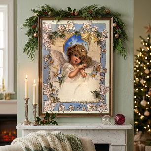 Affiche Noël vintage, ange victorien avec cloches dorées