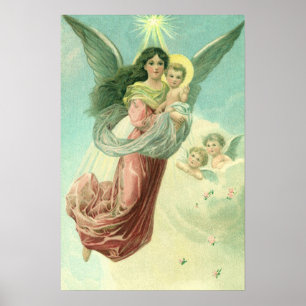 Affiche Noël vintage, ange victorien avec l'enfant Jésus