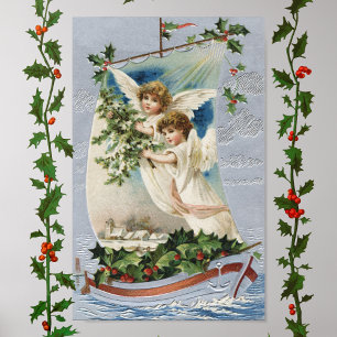 Affiche Noël vintage, Anges victoriens en voilier