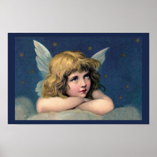 Affiche Noël vintage, Bel ange avec des étoiles dorées