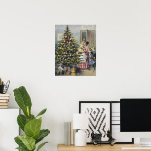 Affiche Noël Vintage, Famille Victorienne Autour De L'Arbr