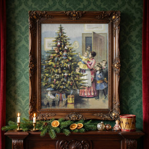Affiche Noël vintage, famille victorienne autour de l'arbr