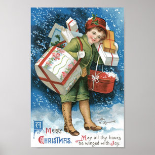 Affiche Noël vintage, Fille avec cadeaux en neige hivernal