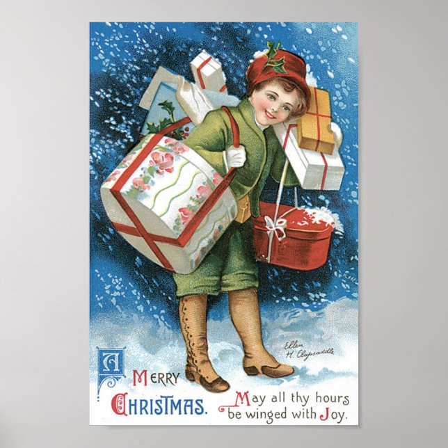 Affiche Noël vintage, Fille avec cadeaux en neige hivernal (Devant)