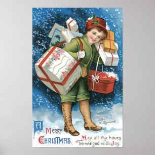 Affiche Noël vintage, fille avec des cadeaux dans la neige