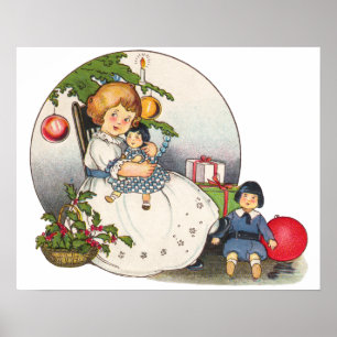 Affiche Noël vintage, fille heureuse jouant avec des poupé