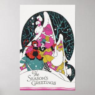 Affiche Noël vintage, gens de la ville victorienne élégant