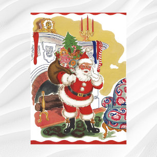 Affiche Noël vintage, joyeux Père Noël avec des cadeaux