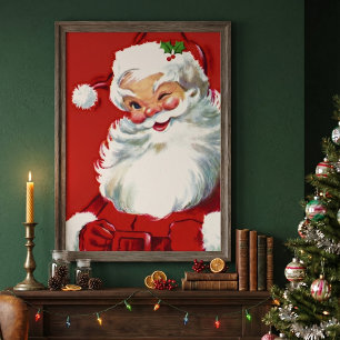 Affiche Noël vintage, joyeux Père Noël clignant de l'œil