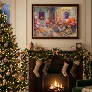 Affiche Noël vintage, le Père Noël avec l'atelier des luti