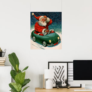 Affiche Noël vintage, le Père Noël dans une voiture mignon