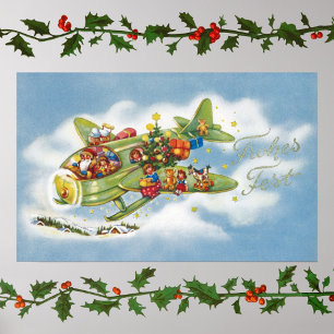 Affiche Noël vintage, le Père Noël vole un avion