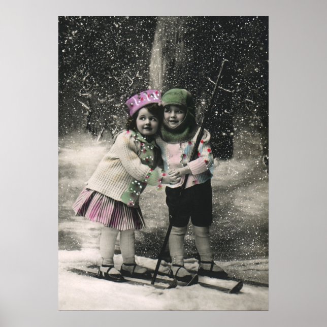 Affiche Noël vintage, meilleurs amis sur skis (Devant)