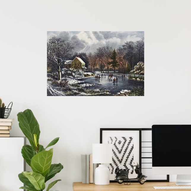 Affiche Noël Vintage, Patins d'hiver précoce sur l'étang (Bureau à domicile)