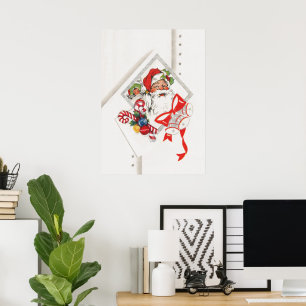 Affiche Noël vintage, Père Noël avec cannes de bonbon