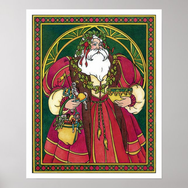 Affiche Noël Vintage, Père Noël avec Feuilles Holly (Devant)