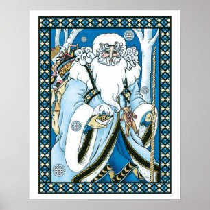 Affiche Noël Vintage, Père Noël Bleu avec Snowglobe