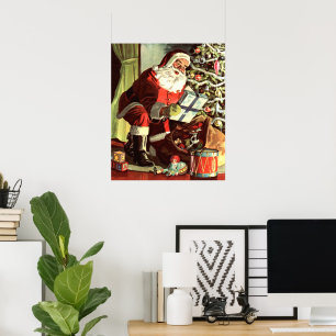 Affiche Noël vintage, Père Noël rétro avec cadeaux