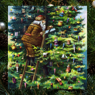 Affiche Noël vintage, Père Noël victorien avec arbre