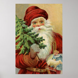 Affiche Noël vintage, Père Noël victorien avec arbre