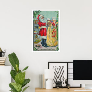 Affiche Noël vintage, Père Noël victorien avec des jouets