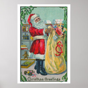 Affiche Noël vintage, Père Noël victorien avec des jouets