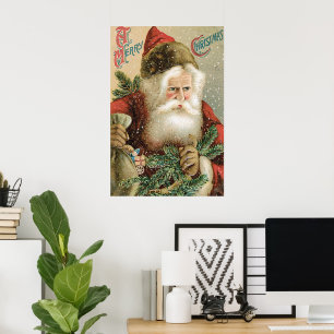 Affiche Noël vintage, Père Noël victorien avec pin