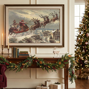 Affiche Noël vintage, Père Noël victorien dans un traîneau