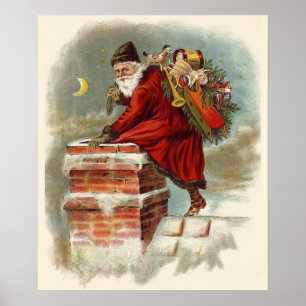 Affiche Noël vintage victorien Saint Nicolas sur le toit