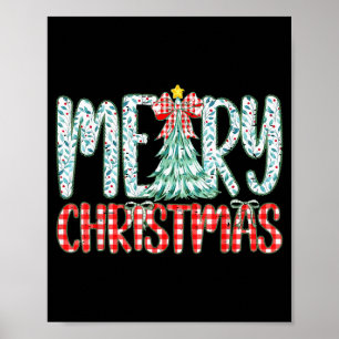 Affiche Noeud à carreaux rétro floral Joyeux Noël Arbre Xm